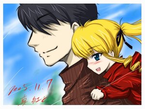Rating: Safe Score: 0 Tags: 1boy 1girl black_hair blonde_hair blue_eyes blush day drill_hair faceless faceless_male hair_ribbon image long_sleeves open_mouth ribbon shinku smile solo User: admin