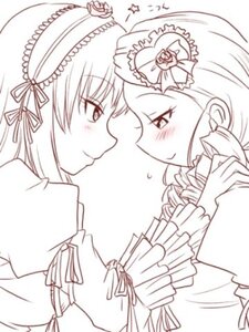 Rating: Safe Score: 0 Tags: 2girls auto_tagged blush bouquet dress eye_contact flower frills hat image kanaria long_hair looking_at_another monochrome multiple_girls pair profile smile suigintou yuri User: admin