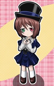 Rating: Safe Score: 3 Tags: 1girl blue_dress blush brown_hair chibi commentary_request dress full_body green_eyes halftone halftone_background hat heterochromia highres image long_sleeves looking_at_viewer plaid_background polka_dot polka_dot_background red_eyes rozen_maiden shoes short_hair solo souseiseki standing takumi_(rozen_garten) top_hat white_legwear User: admin