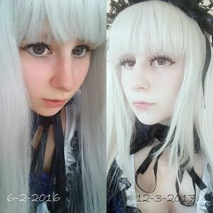 Rating: Safe Score: 0 Tags: 2girls artist_name bangs closed_mouth lips looking_at_viewer multiple_girls realistic red_lips solo suigintou white_hair User: admin