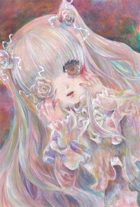 Rating: Safe Score: 0 Tags: 1girl acrylic_paint_(medium) bangs flower frills hair_flower hair_ornament image kirakishou long_hair looking_at_viewer marker_(medium) pink_hair rose solo traditional_media upper_body watercolor_(medium) white_flower User: admin