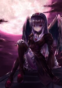 Rating: Safe Score: 0 Tags: 1girl asa_(swallowtail) bangs black_legwear black_wings dress eyebrows_visible_through_hair feathers flower frills gothic_lolita hair_between_eyes hairband highres image lolita_fashion lolita_hairband long_hair long_sleeves looking_at_viewer moon photoshop_(medium) red_eyes rose rozen_maiden silver_hair sitting solo suigintou thighhighs wings User: admin