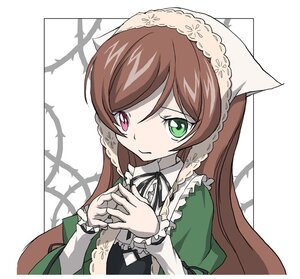 Rating: Safe Score: 0 Tags: 1girl black_ribbon border brown_hair dress frills green_dress green_eyes head_scarf heterochromia image long_hair long_sleeves looking_at_viewer red_eyes ribbon solo suiseiseki upper_body very_long_hair User: admin