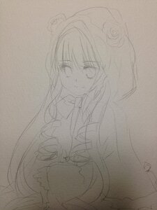 Rating: Safe Score: 0 Tags: 1girl bow crescent greyscale hair_ornament hood image long_hair long_sleeves looking_at_viewer monochrome shinku smile solo traditional_media User: admin