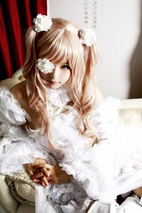 Rating: Safe Score: 0 Tags: 1girl bangs blonde_hair curtains dress eyepatch frilled_sleeves frills hair_ornament kirakishou lips lolita_fashion long_hair nail_polish realistic red_nails sitting solo User: admin