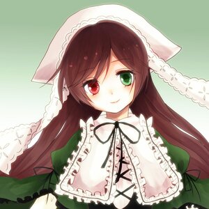 Rating: Safe Score: 0 Tags: 1girl bangs brown_hair dress frills green_background green_dress green_eyes head_scarf heterochromia image long_hair long_sleeves looking_at_viewer red_eyes ribbon smile solo suiseiseki User: admin