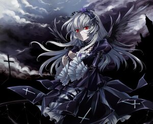 Rating: Safe Score: 3 Tags: 1girl black_theme black_wings cloud cloudy_sky commentary_request cross dark dress flower frills gothic_lolita hairband highres image lolita_fashion lolita_hairband long_hair long_sleeves mtyy photoshop_(medium) red_eyes rose rozen_maiden silver_hair sky solo suigintou wings User: admin