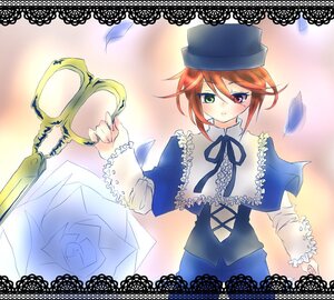 Rating: Safe Score: 0 Tags: 1girl blue_dress blush bow capelet dress frills green_eyes hat heterochromia image long_sleeves orange_hair red_eyes rose short_hair solo souseiseki top_hat User: admin