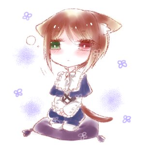 Rating: Safe Score: 0 Tags: 1girl animal_ears apron blue_dress blush brown_hair cat_ears cat_tail chibi dress green_eyes image sitting solo souseiseki striped tail User: admin