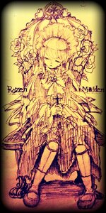 Rating: Safe Score: 0 Tags: 1girl dress flower hair_ornament image monochrome parasol rose shinku sitting solo umbrella User: admin