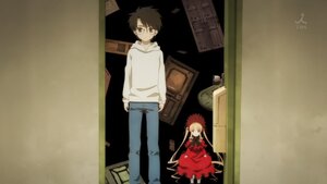 Rating: Safe Score: 0 Tags: 1boy 1girl brown_hair door dress glasses hands_in_pockets image long_hair looking_at_viewer pants red_dress ribbon shinku shirt solo standing white_shirt User: admin