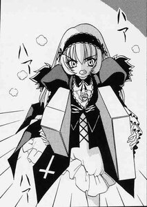 Rating: Safe Score: 0 Tags: 1girl box dress greyscale hairband image lolita_hairband long_hair long_sleeves monochrome open_mouth solo suigintou User: admin