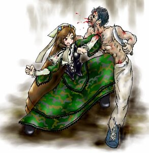 Rating: Safe Score: 0 Tags: 1boy 1girl blood blood_on_face bloody_clothes bloody_hands brown_hair dress frills image injury long_sleeves open_mouth solo suiseiseki User: admin