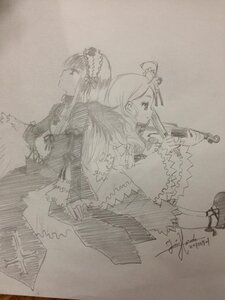 Rating: Safe Score: 0 Tags: 2girls back-to-back bow dress frills hat image instrument kanaria long_hair long_sleeves monochrome multiple_girls pair photo profile sisters suigintou traditional_media wings User: admin