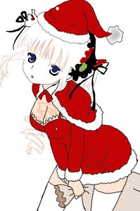Rating: Safe Score: 0 Tags: 1girl :o blue_eyes breasts capelet christmas cleavage dress hair_ornament hat image medium_breasts sack santa_costume santa_hat shinku solo thighhighs User: admin