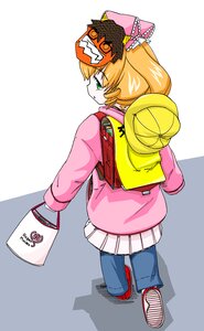 Rating: Safe Score: 0 Tags: 1girl backpack bag blonde_hair full_body green_eyes hinaichigo hoodie image jeans long_hair looking_back pants pink_jacket pink_shirt randoseru shoes solo User: admin