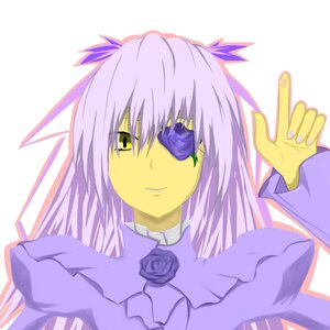 Rating: Safe Score: 0 Tags: 1girl barasuishou blue_flower blue_rose eyepatch flower gloves image long_hair ribbon rose smile solo striped_background tsukikage_yuri yellow_eyes User: admin