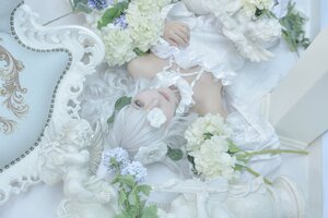 Rating: Safe Score: 0 Tags: 1girl bare_shoulders dress flower kirakishou lips rose solo wedding_dress white_dress white_flower white_hair white_rose User: admin