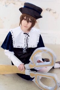 Rating: Safe Score: 0 Tags: 1girl auto_tagged black_dress brown_hair dress hat long_sleeves looking_at_viewer outdoors sitting smile solo souseiseki top_hat User: admin