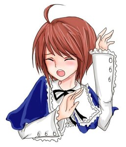 Rating: Safe Score: 0 Tags: 1girl :o ahoge blue_dress blush brown_hair closed_eyes image long_sleeves open_mouth short_hair simple_background solo souseiseki striped upper_body white_background User: admin