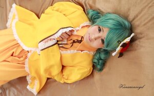 Rating: Safe Score: 0 Tags: 1girl aqua_hair drill_hair frills hair_ornament kanaria lips long_sleeves looking_at_viewer lying solo wide_sleeves yellow_dress User: admin
