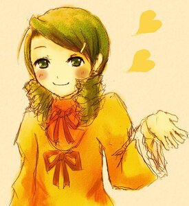 Rating: Safe Score: 0 Tags: 1girl blush green_eyes hair_ornament hairclip heart image kanaria long_sleeves looking_at_viewer ribbon smile solo User: admin
