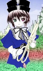 Rating: Safe Score: 0 Tags: 1girl brown_hair capelet dress flower frills green_eyes hat heterochromia holding image long_sleeves looking_at_viewer outdoors rose short_hair solo souseiseki User: admin