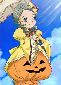 Rating: Safe Score: 0 Tags: 1girl dress flower frills green_eyes green_hair holding_umbrella image jack-o'-lantern kanaria long_sleeves looking_at_viewer parasol smile solo umbrella User: admin