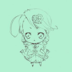 Rating: Safe Score: 0 Tags: 1girl :< chibi dress frills full_body hair_ornament image kanaria monochrome simple_background solo standing User: admin