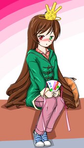Rating: Safe Score: 0 Tags: 1girl bag blush brown_hair crown full_body green_eyes heterochromia image long_hair red_eyes sitting solo suiseiseki very_long_hair User: admin