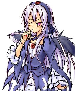 Rating: Safe Score: 0 Tags: 1girl cowboy_shot dress flower frills hairband image lolita_hairband long_hair long_sleeves looking_at_viewer one_eye_closed rose silver_hair solo suigintou very_long_hair white_background wings User: admin