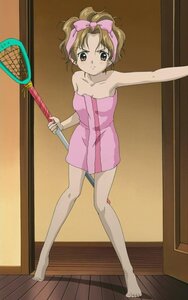 Rating: Safe Score: 0 Tags: 1girl alternate_hairstyle barefoot bow brown_eyes brown_hair frown hair_bow human looking_at_viewer naked_towel pink_bow sakurada_nori screenshot solo standing towel User: admin