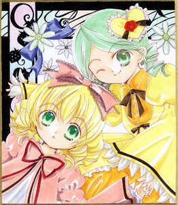 Rating: Safe Score: 0 Tags: 2girls blonde_hair bow dress drill_hair green_eyes green_hair hat hina_ichigo hinaichigo image kanaria looking_at_viewer marker_(medium) multiple_girls one_eye_closed pair ribbon short_hair smile traditional_media yellow_dress User: admin