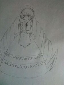 Rating: Safe Score: 0 Tags: 1girl apron closed_mouth dress frills full_body greyscale image long_hair long_sleeves looking_at_viewer monochrome short_sleeves solo standing suiseiseki traditional_media very_long_hair User: admin
