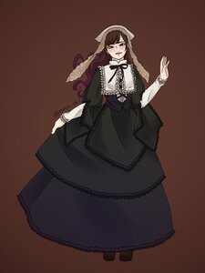 Rating: Safe Score: 0 Tags: 1girl black_dress braid brown_background brown_hair dress full_body image lace long_hair long_sleeves nun ribbon simple_background solo standing suiseiseki twin_braids twitter_username User: admin