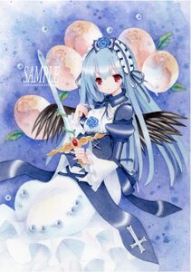 Rating: Safe Score: 0 Tags: 1girl blue_flower blue_rose dress flower hairband image long_hair long_sleeves looking_at_viewer marker_(medium) red_eyes rose solo suigintou traditional_media wings User: admin