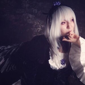 Rating: Safe Score: 0 Tags: 1boy closed_mouth coat crown finger_to_mouth lips long_hair realistic shushing solo suigintou upper_body white_hair User: admin