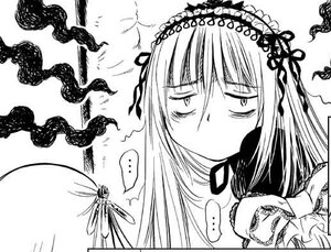 Rating: Safe Score: 0 Tags: ... 1girl bug dress greyscale hairband image insect lolita_hairband long_hair monochrome ribbon solo spoken_ellipsis suigintou User: admin