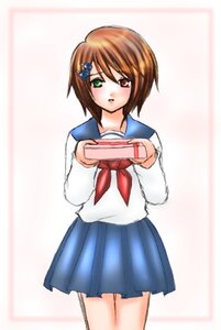 Rating: Safe Score: 0 Tags: 1girl blue_skirt blush brown_hair cowboy_shot gift green_eyes hair_ornament heterochromia holding image long_sleeves looking_at_viewer pleated_skirt red_eyes sailor_collar school_uniform serafuku skirt solo souseiseki standing striped User: admin