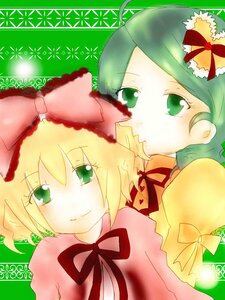 Rating: Safe Score: 0 Tags: 2girls blonde_hair bow front_ponytail green_eyes green_hair hat hina_ichigo hinaichigo image kagiyama_hina kanaria looking_at_viewer multiple_girls pair pink_bow ribbon short_hair smile User: admin