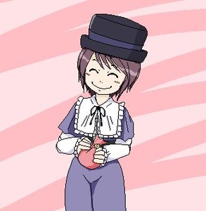 Rating: Safe Score: 0 Tags: 1girl blue_dress blush brown_hair capelet closed_eyes dress hat holding holding_fruit image long_sleeves ribbon short_hair smile solo souseiseki striped striped_background User: admin