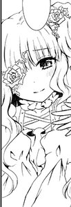 Rating: Safe Score: 0 Tags: 1girl blush dress flower greyscale hat image kirakishou long_hair looking_at_viewer mini_hat monochrome rose smile solo User: admin