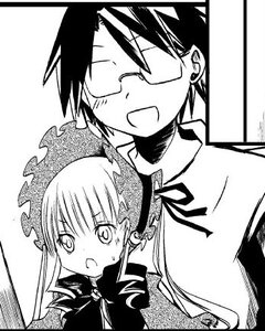 Rating: Safe Score: 0 Tags: 1boy 1girl blush bonnet glasses greyscale image monochrome open_mouth ribbon shinku solo sweatdrop twintails white_background User: admin
