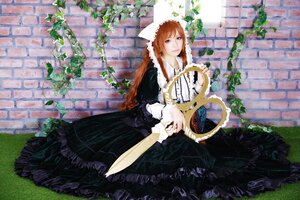 Rating: Safe Score: 0 Tags: 1girl black_dress brick_wall brown_hair dress fence flower frills long_hair looking_at_viewer plant solo suiseiseki tiles vines wall User: admin