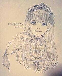 Rating: Safe Score: 0 Tags: 1girl bangs dress eyebrows_visible_through_hair frills hairband hand_up image long_hair long_sleeves looking_at_viewer monochrome parted_lips ribbon smile solo suigintou traditional_media upper_body User: admin