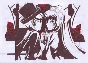 Rating: Safe Score: 0 Tags: 2girls flower green_eyes hat heterochromia holding_hands image interlocked_fingers long_hair looking_at_viewer monochrome multiple_girls pair red_eyes short_hair siblings sisters souseiseki spot_color suiseiseki twins User: admin