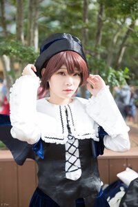 Rating: Safe Score: 0 Tags: 1girl blurry blurry_background blurry_foreground day depth_of_field dress hat jewelry lips long_sleeves looking_at_viewer necklace outdoors solo souseiseki User: admin