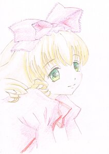 Rating: Safe Score: 0 Tags: 1girl blonde_hair bow drill_hair eyebrows_visible_through_hair green_eyes hair_bow hina_ichigo hinaichigo image looking_at_viewer portrait simple_background smile solo traditional_media upper_body User: admin