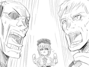 Rating: Safe Score: 0 Tags: 1girl beard blush eyepatch facial_hair greyscale hat image monochrome multiple_boys open_mouth scar short_hair smile solo souseiseki sweat teeth User: admin
