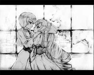 Rating: Safe Score: 0 Tags: 2girls black_border blush circle_cut dress greyscale image letterboxed long_hair monochrome multiple_girls pair short_hair souseiseki suiseiseki very_long_hair yuri User: admin